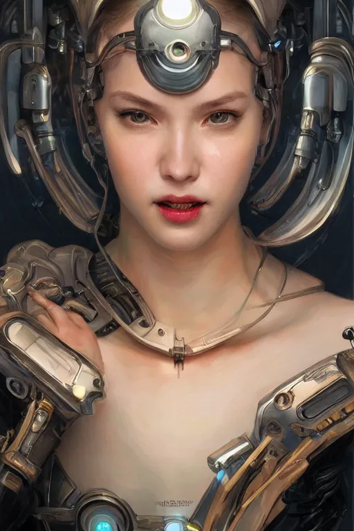 Prompt: Portrait of beautiful smiling Ultra realistic illustration, beautiful alluring female cyborg, open mouth and laugh ,cyberpunk, sci-fi, fantasy, intricate, elegant, highly detailed, digital painting, artstation, concept art, smooth, sharp focus, illustration, art by Yintion J , Jiang Geping and artgerm and greg rutkowski and alphonse mucha.