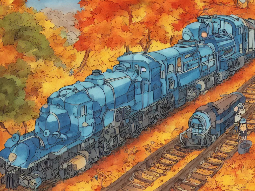 Image similar to longitudinal cut sideview of a anime train, autumn light, colorful, nausicaa of the valley of the wind, beautiful, by studio ghibli, digital art, concept art, manga, cute and adorable, illustration