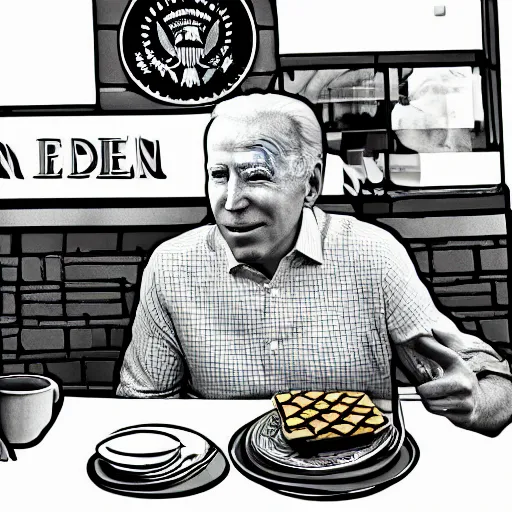 Prompt: Joe Biden eating waffles at Waffle House Digital Art