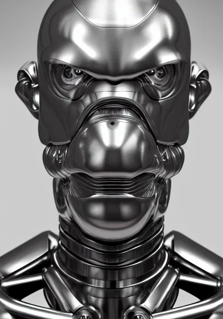 Image similar to potrait hyper detail portrait of a mechanical ape cyborg, silver, sci fi, full body, complex 3 d render, art by kazuhiko nakamura and hajime sorayama, 8 k octane detailed render, post - processing, dramatic studio lighting, extremely hyperdetailed, intricate futuristic mechanic parts, sharp focus, blender, masterpiece, trending on artstation