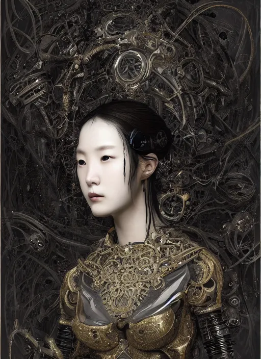 Image similar to portrait of a sensual cybernetic korean goth girl, inagi, modern fine art, fractal, intricate ornaments, elegant, highly detailed, digital photography, subsurface scattering, by jheronimus bosch and greg rutkowski,