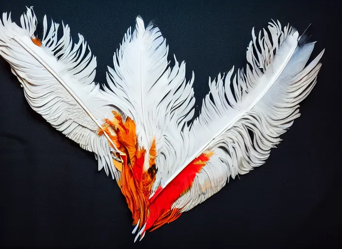 Image similar to pieces of a ripped flag!!!, white chicken feathers, saw dust and haribo candy molten and carefully restructured into a beautiful!!!, abstract!!!!!!! sculpture of a hawk, museum display, black backdrop, high contrast, award winning photo, dslr, high quality