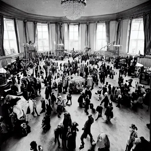 Image similar to A beautiful photograph of a large room with many people in it. There is a lot of activity going on, with people talking and moving around. The room is ornately decorated and there is a large window at one end. by Bruce Davidson