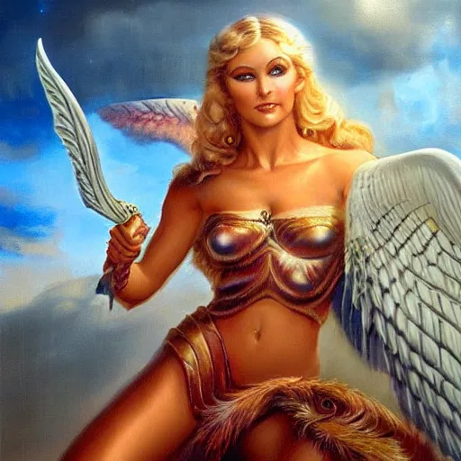 Image similar to portrait of a gorgeous valkyrie by boris vallejo and julie bell, soft details, soft lighting, oil painting, HD, elegant, intricate, masterpiece