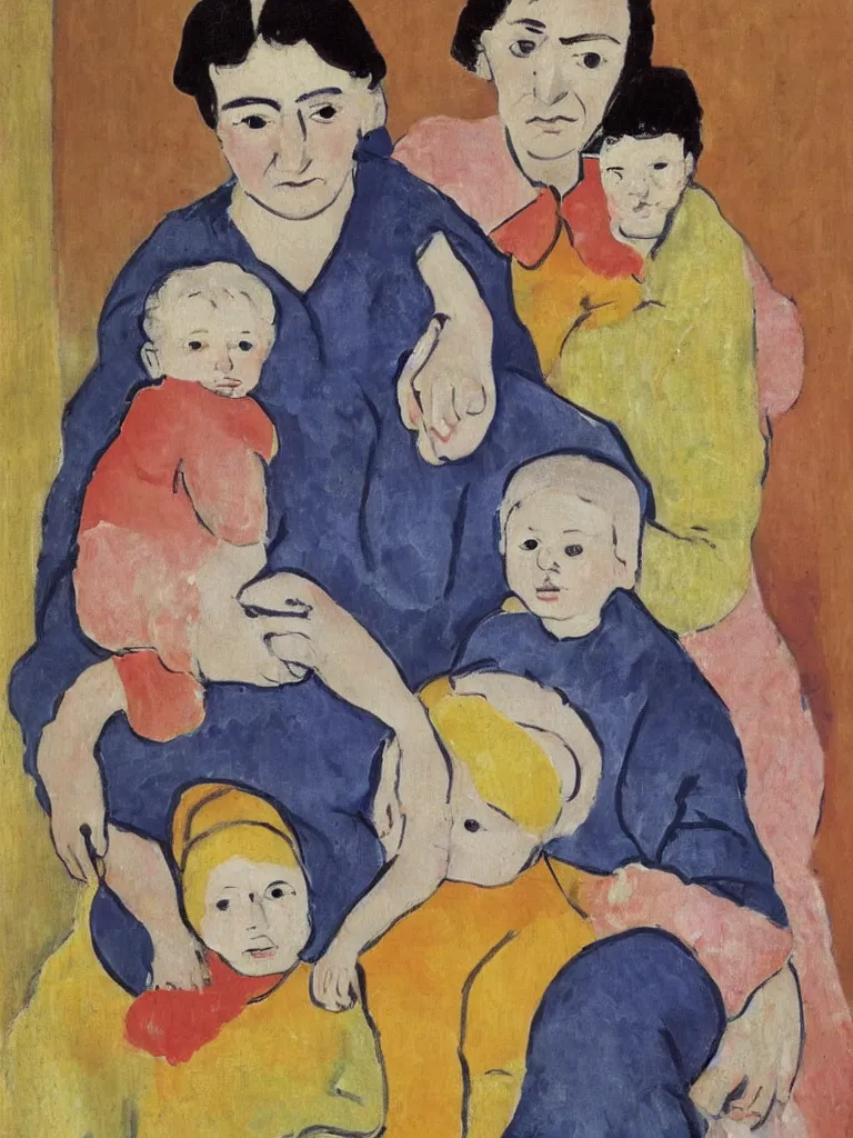 Prompt: portrait of a old woman holding a younger woman on her lap, that holds another, even younger woman, holding a girl holding a baby. painting by matisse