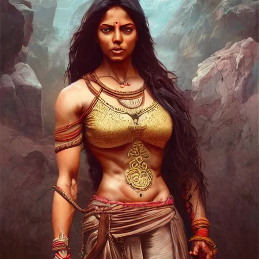 Image similar to muscular south indian woman, sari, ultra realistic, concept art, intricate details, eerie, horror, highly detailed, photorealistic, octane render, 8 k, unreal engine. art by artgerm and greg rutkowski and alphonse mucha