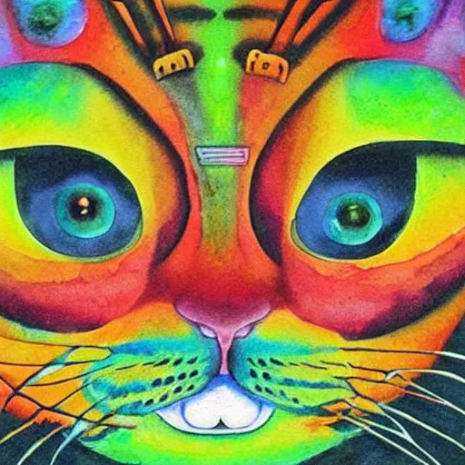 Image similar to a green cat's face, sci-fi watercolor by Louis William Wain,