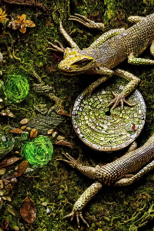 Image similar to a macro portrait photo of a gentleman lizard wearing a monocle and a top hat lounging on a moss covered rock, shiny scales, moss and vegetation, ancient forest, close - up, intricate details, intricately detailed textures, warm lighting, vivid colors, smoke and mist, hyper realistic octane render, volumetric shading, depth of field, raytracing, 8 k,