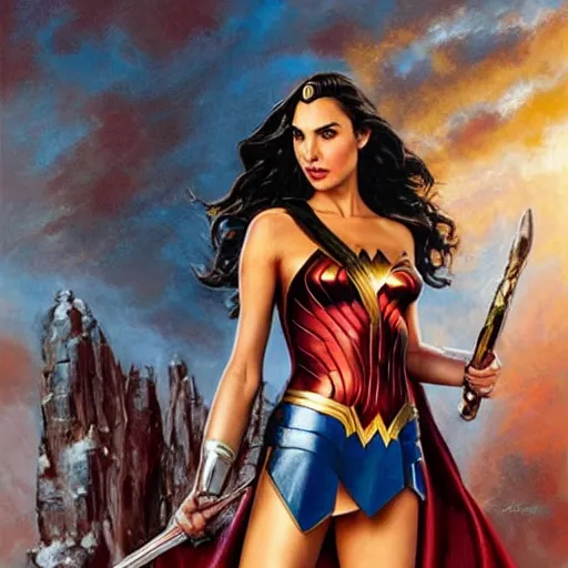 Image similar to Gal Gadot holding a sign that says M I T C H I E P O O !!!! as painted by Ralph Horsley