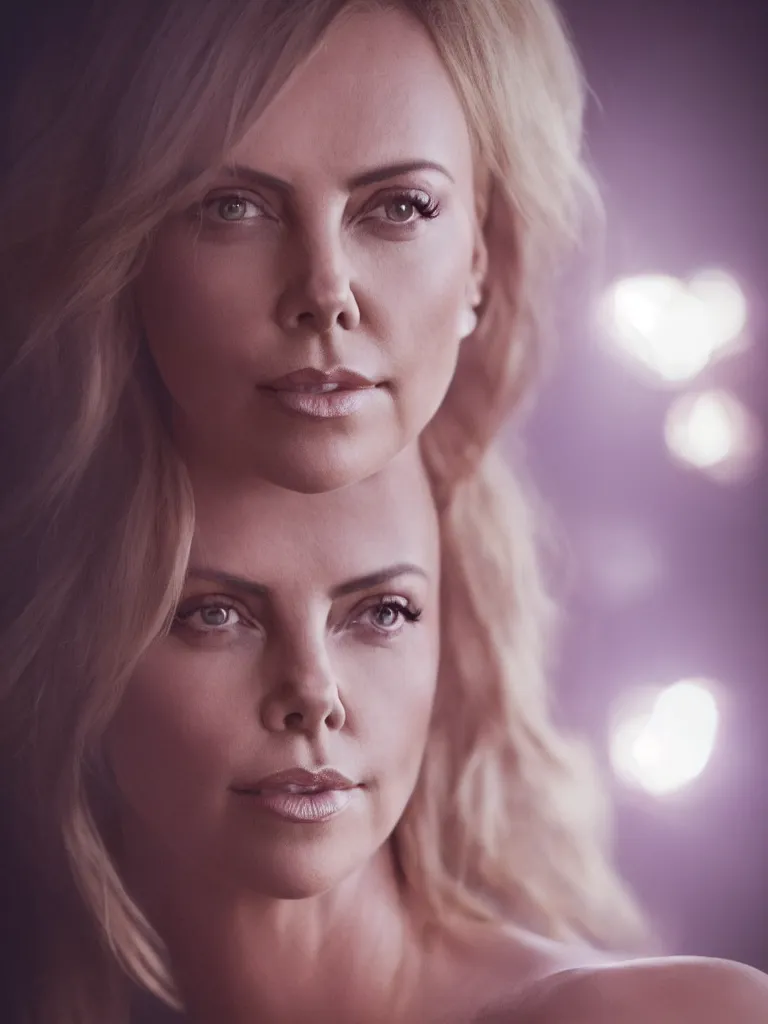 Image similar to photograph of Charlize Theron illuminated by red light , night , 85 mm f1.4