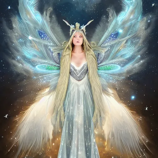 Prompt: a silver shining star skinned moth druid wearing a magically imbued ethereal elven ball gown made from clouds and peacock feathers with fairy lights inside the clouds to resemble stars, cloud mage robes, fantasy, proper anatomy, fantasy art, in the style of the dragon prince on netflix
