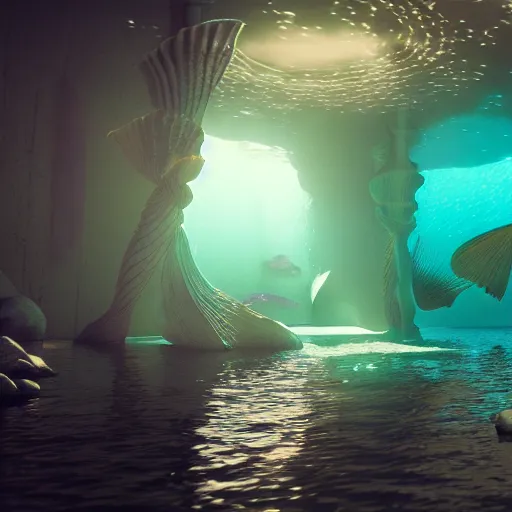 Prompt: inside a an ethereal underwater mermaid city, extremely detailed, 8k, HDR, award-winning, octane render, trending on artstation, volumetric lighting