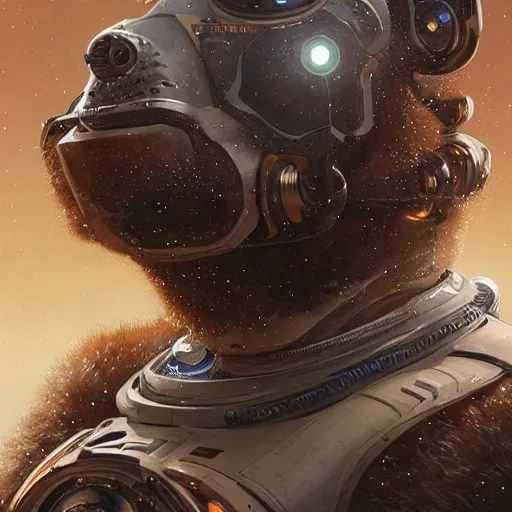Image similar to detailed science - fiction character portrait of a grizzly bear space robot suit, intricate, wild, highly detailed, digital painting, artstation, concept art, smooth, sharp focus, illustration, art by artgerm and greg rutkowski and alphonse mucha
