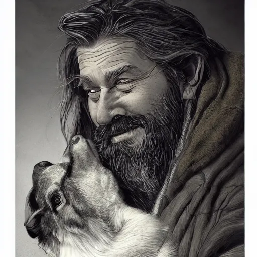 Image similar to portrait of a old, ruggedly handsome bearded man next to a corgi dog, soft hair, muscular, half body, cloth, d & d, fantasy, intricate, elegant, highly detailed, digital painting, artstation, concept art, smooth, sharp focus, illustration, art by artgerm and greg rutkowski and alphonse mucha