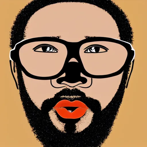 Prompt: art of a black man with an afro, Afro pick, black framed glasses, goatee and beard, honeycomb background in the style of René Magritte
