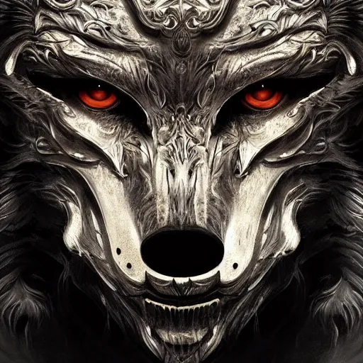 Image similar to Very very very very highly detailed epic photo of face with werewolf venetian mask, intricate, dystopian, sci-fi, extremely detailed, digital painting, artstation, concept art, smooth, sharp focus, illustration, intimidating lighting, incredible art by Artgerm and Vincent di Fate