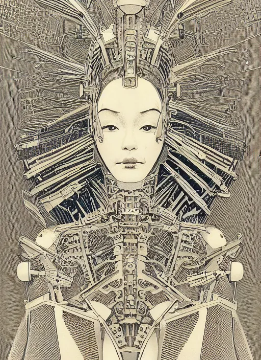 Image similar to 2 d illustration, grained risograph, vintage horror sci - fi portrait of a futuristic silver armored geisha district 9 cyborg, parallax, fractal, intricate, elegant, highly detailed, subsurface scattering, by jheronimus bosch and moebius louis jacques mande daguerre and szukalski