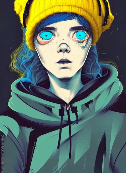 Prompt: highly detailed portrait of a sewer punk lady student, blue eyes, tartan hoody, hat, white hair by atey ghailan, by greg tocchini, by kaethe butcher, gradient yellow, black, brown and cyan color scheme, grunge aesthetic!!! ( ( graffiti tag wall ) )