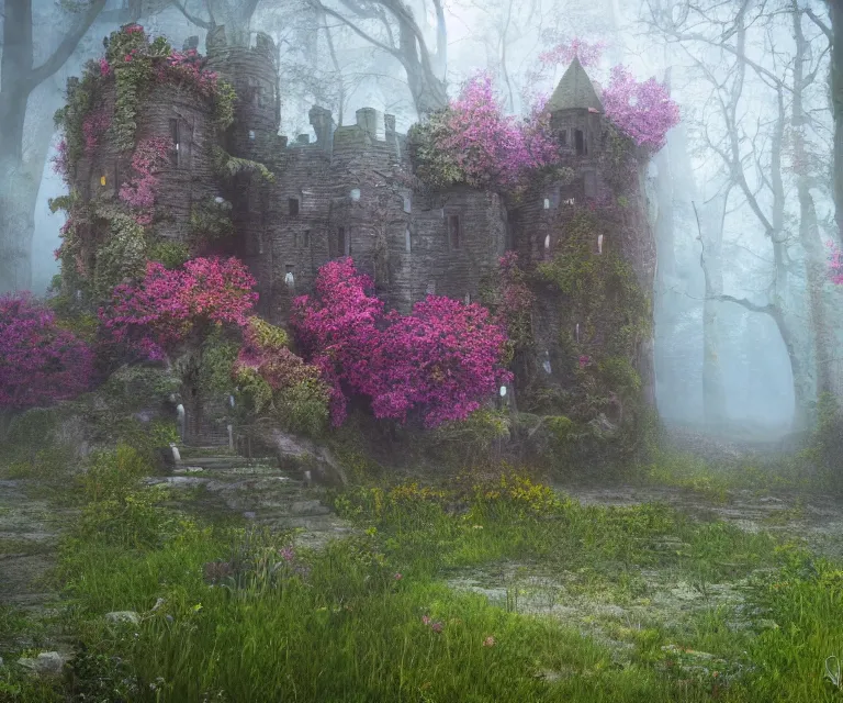 Image similar to old rundown castle in the middle of a haunted forest, foggy, high fantasy, colorful flowers, aged vegetation, photorealism