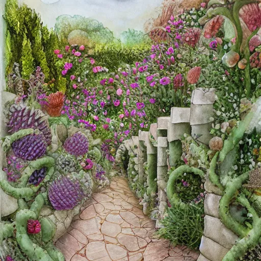 Prompt: delicate boundary walls coastline garden on paper, spirals, stony, floating, puffy, vines, botanical herbarium, botanic watercolors, iridescent, 8 k wide angle, realistic shaded, fine details, artstation, italian, rainbow, colonnade, oak, pinecone, pomegranade, vines, gardena architecture, pompeian, sicilian