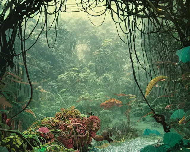 Image similar to a painting of a jungle river in a forest, a photorealistic painting by james jean, behance contest winner, fantasy art, made of vines, concept art, 2 d game art by victo ngai, geof darrow, peter mohrbacher, johfra bosschart, miho hirano