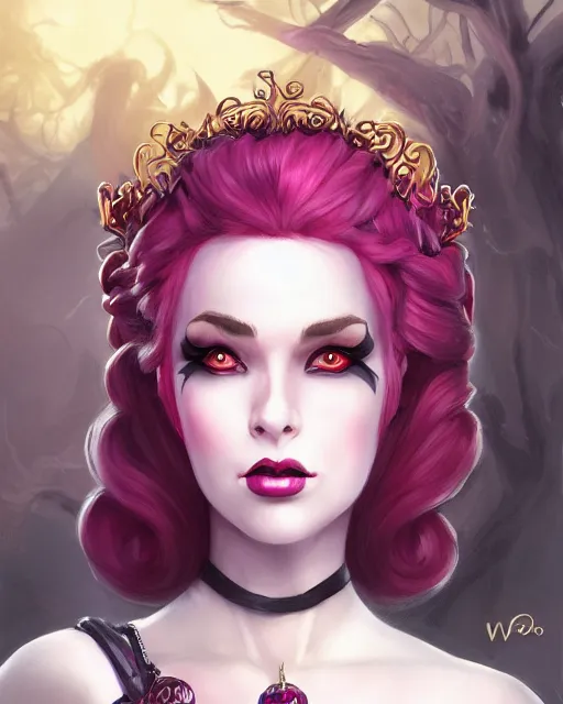 Image similar to the empress of licorice, D&D character art, candyland character, black licorice twist hair, licorice clothing, femme fatale, realistic digital painting, fantasy art, digital painting, character portrait, intricate ornamentation, by WLOP, Artstation Trending, Wayne Reynolds