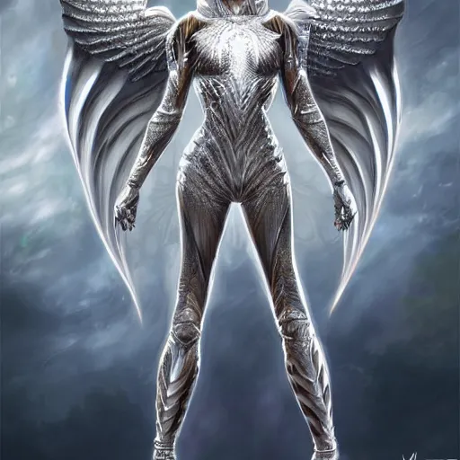 Prompt: a beautiful symmetrical muscular full body wearing diamond armor with white wings by alex gray and android jones , Karol Bak, Ayami Kojima, Amano , concept art, character design, fantasy,3D, 8k resolution