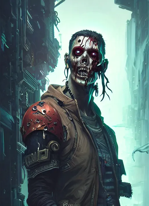 Prompt: cyberpunk male zombie, deep focus, d & d, fantasy, intricate, elegant, highly detailed, digital painting, artstation, concept art, matte, sharp focus, illustration, hearthstone, art by artgerm and greg rutkowski and alphonse mucha