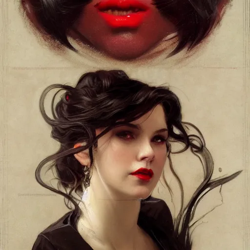 Prompt: portrait of a beautiful vampire by Stanley Artgerm Lau , greg rutkowski, thomas kindkade, alphonse mucha, loish, norman rockwell, J. C. Leyendecker. white hair, detailed eyes, red lips, framed, slight freckles. Trending on artstation rule of thirds detailed illustration hd 4k