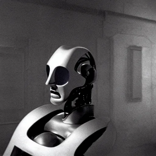 Image similar to movie still of robot dali, cinematic composition, cinematic light, criterion collection, by david lynch