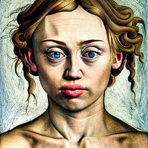 Image similar to miley cyrus as gollum, elegant portrait by sandro botticelli, detailed, symmetrical, intricate