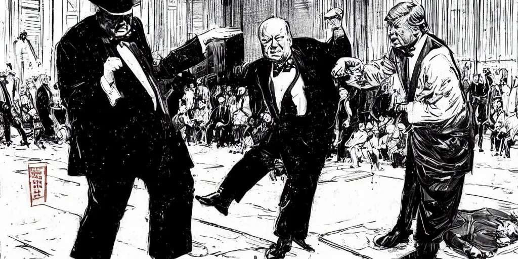 Image similar to Winston Churchill teaching Trump karate. Epic painting by James Gurney and Laurie Greasley.