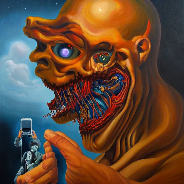 Prompt: an oil on canvas portrait painting of a man meeting a demon, polycount, surrealism, surrealist, cosmic horror, high detail