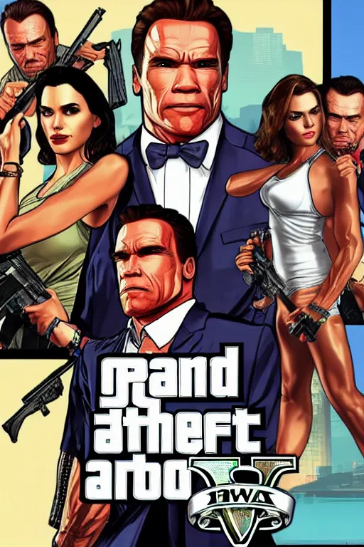 Prompt: GTA V cover art starring arnold schwarzenegger