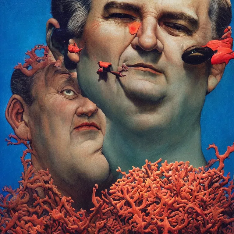 Prompt: Hyperrealistic intensely colored close up studio Photograph portrait of bioluminescent Senator Ted Cruz, symmetrical face realistic proportions eye contact golden eyes, Smiling in a coral reef underwater, award-winning portrait oil painting by Norman Rockwell and Zdzisław Beksiński vivid colors high contrast hyperrealism 8k