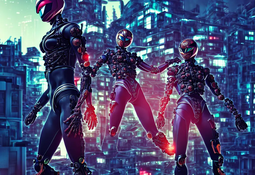 Prompt: kamen rider action pose, human structure concept art, human anatomy, full body hero, intricate detail, hyperrealistic art and illustration by irakli nadar and wlop and alexandre ferra, global illumination, blurry and sharp focus, on tokyo cyberpunk night rooftop, frostbite engine