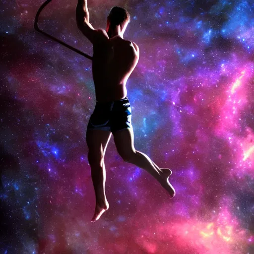 Image similar to athletic man doing a pullup using gymnastic rings, in a cosmic nebula background, dramatic lighting, dramatic digital art trending on artstation