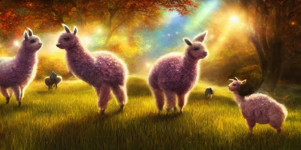 Image similar to magical fairy alpacas frolicking in a field, autumn, sparkles, illustration, light beams, digital art, oil painting, fantasy, 8 k, trending on artstation, detailed