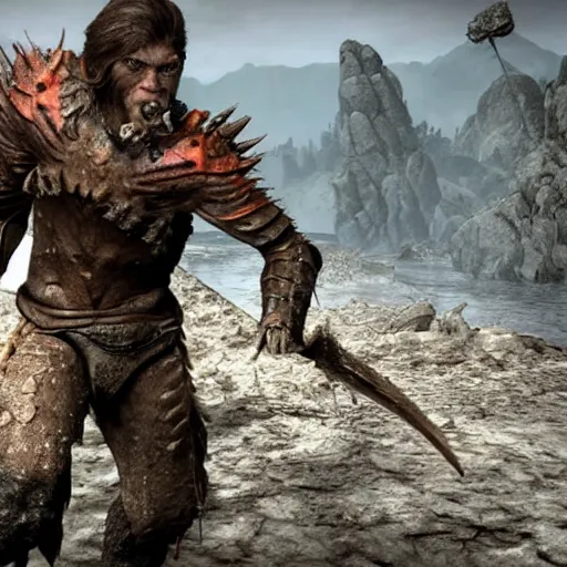 Prompt: willem dafoe in skyrim fights with a mud crab