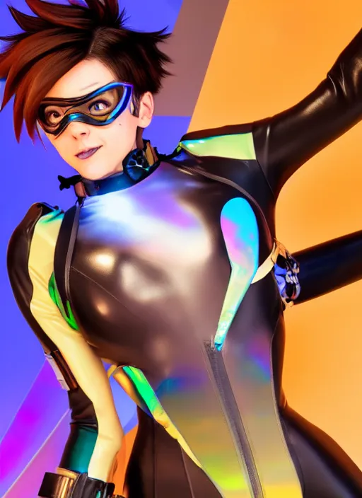 Prompt: portrait bust digital artwork of tracer overwatch, wearing iridescent rainbow latex and leather straps catsuit outfit, 4 k, expressive happy smug expression, makeup, in style of mark arian, angel wings, wearing detailed leather collar, chains, black leather harness, detailed face and eyes,