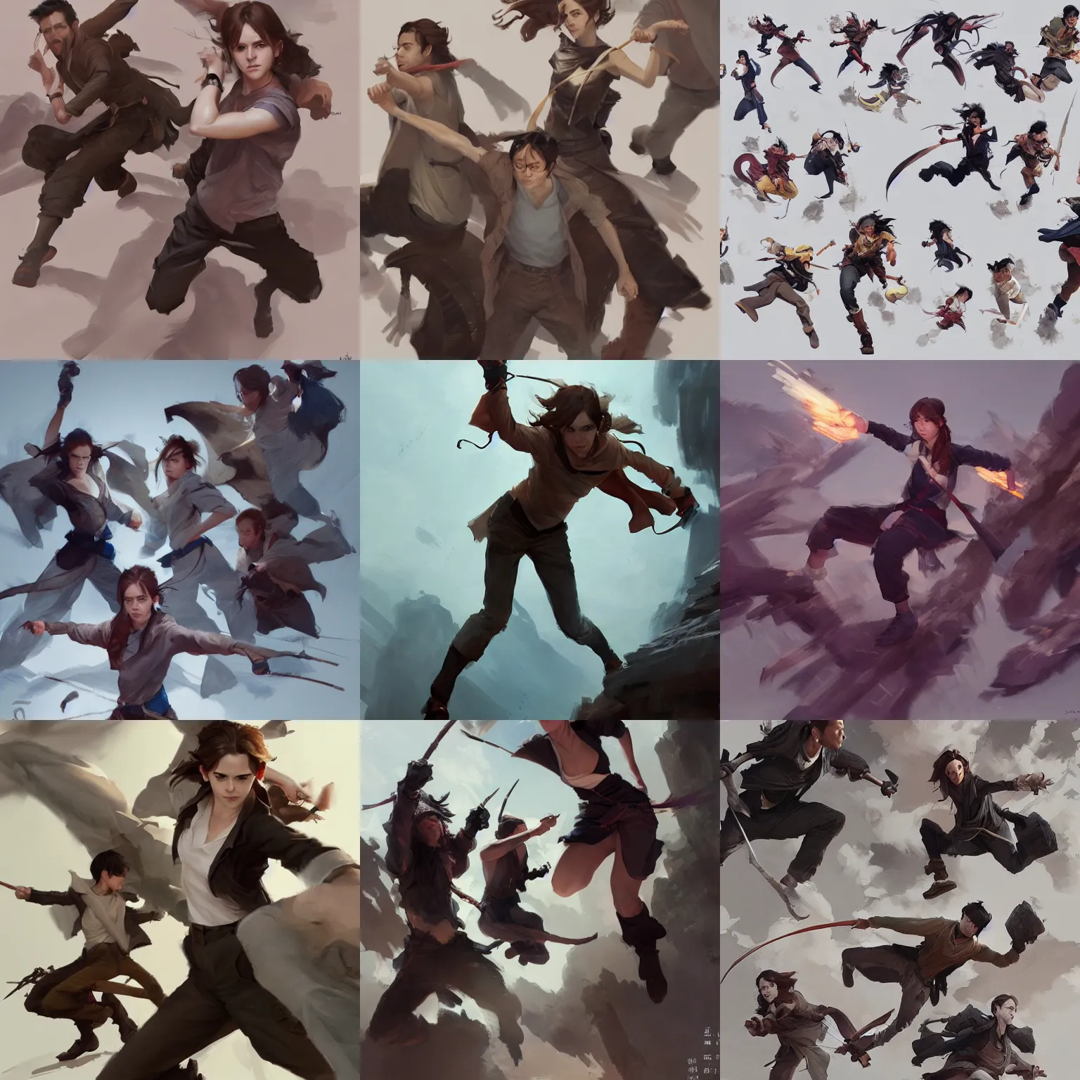 Prompt: emma watson action motion poses taolu jianshu, nanquan, changquan, daoshu, gunshu, qiangshu, nandao and nangun sketch greg rutkowski foreshortening 3 6 0 degree