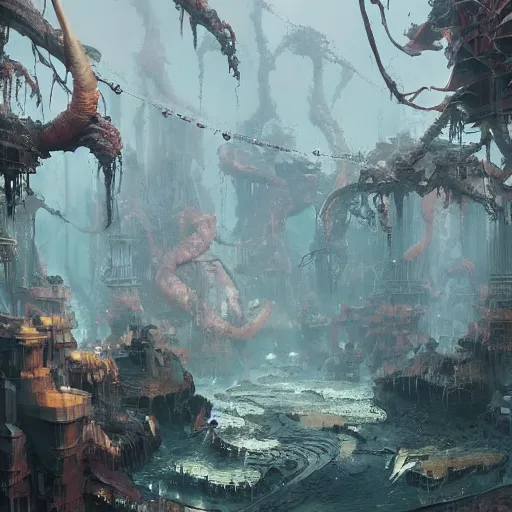 Image similar to the death of humanity, intricate, abstract, magical, wacky, dreadful, horror, concept art by Tooth Wu, by WLOP, by Beeple, by Dan Mumford, by Greg Rutkowski, Octane Render, digital painting highly detailed, trending on Artstation