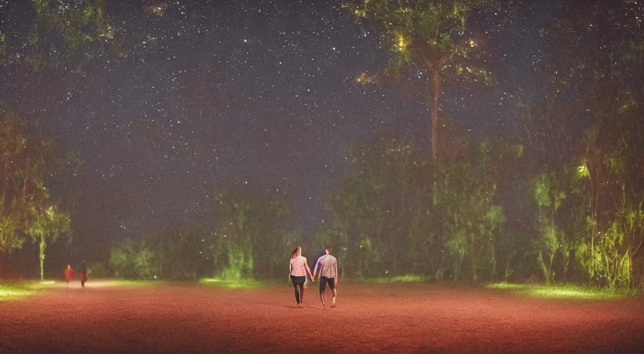 Image similar to a couple walking in the middle of fireflies the color of the moon, cinematic lighting, wow, establishing shot