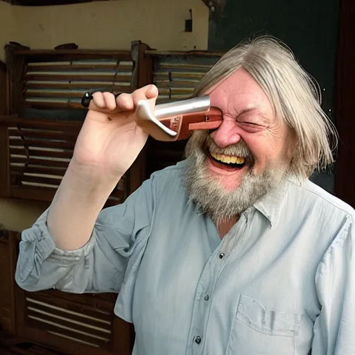 Prompt: robert wyatt laughing maniacally and shooting the viewer with his pistol