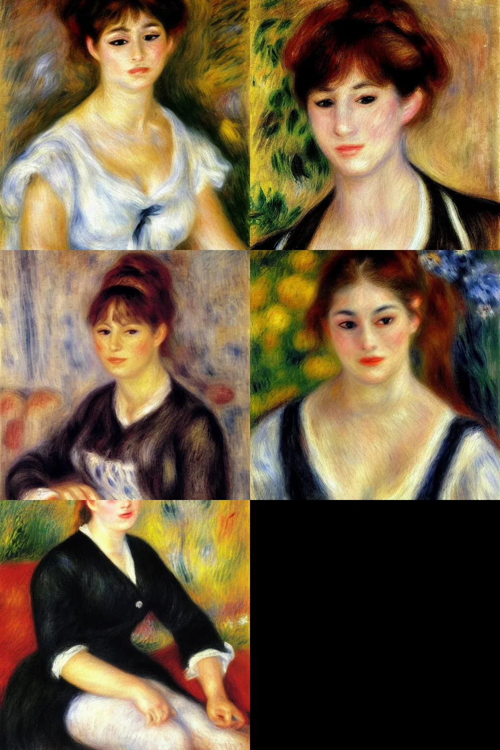 Prompt: an hd painting of a woman by pierre - auguste renoir. she has straight long dark brown hair, parted in the middle. she has large dark brown eyes, a small refined nose, and thin lips. she is wearing a sleeveless white blouse, a pair of dark brown capris, and black loafers.