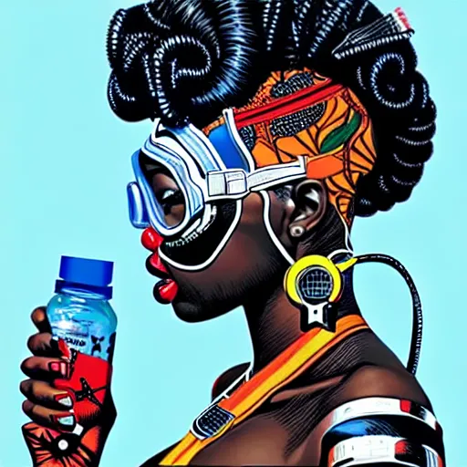 Image similar to a profile photo of a african woman with a diving oxygen mask with side profile blood in ocean intricate details by MARVEL comics and Sandra Chevrier-C