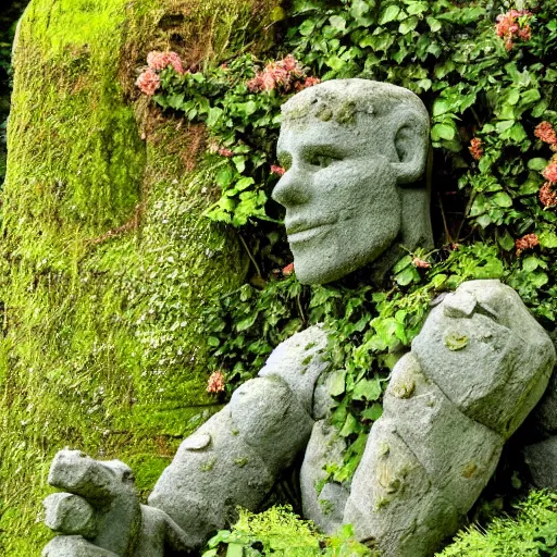 Image similar to stone golem covered with flowers and ivy in an enchanted forest, by simon cowell