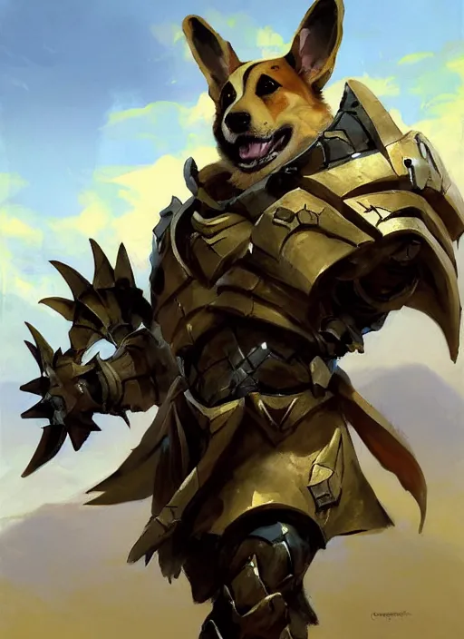 Image similar to Greg Manchess painting of a Corgi Charr from Guild Wars 2 wearing Forerunner Armor from Halo, countryside, calm, fantasy character portrait, dynamic pose, above view, sunny day, artwork by Jeremy Lipkin and Giuseppe Dangelico Pino and Michael Garmash and Rob Rey, very coherent asymmetrical artwork, sharp edges, perfect face, simple form, 100mm