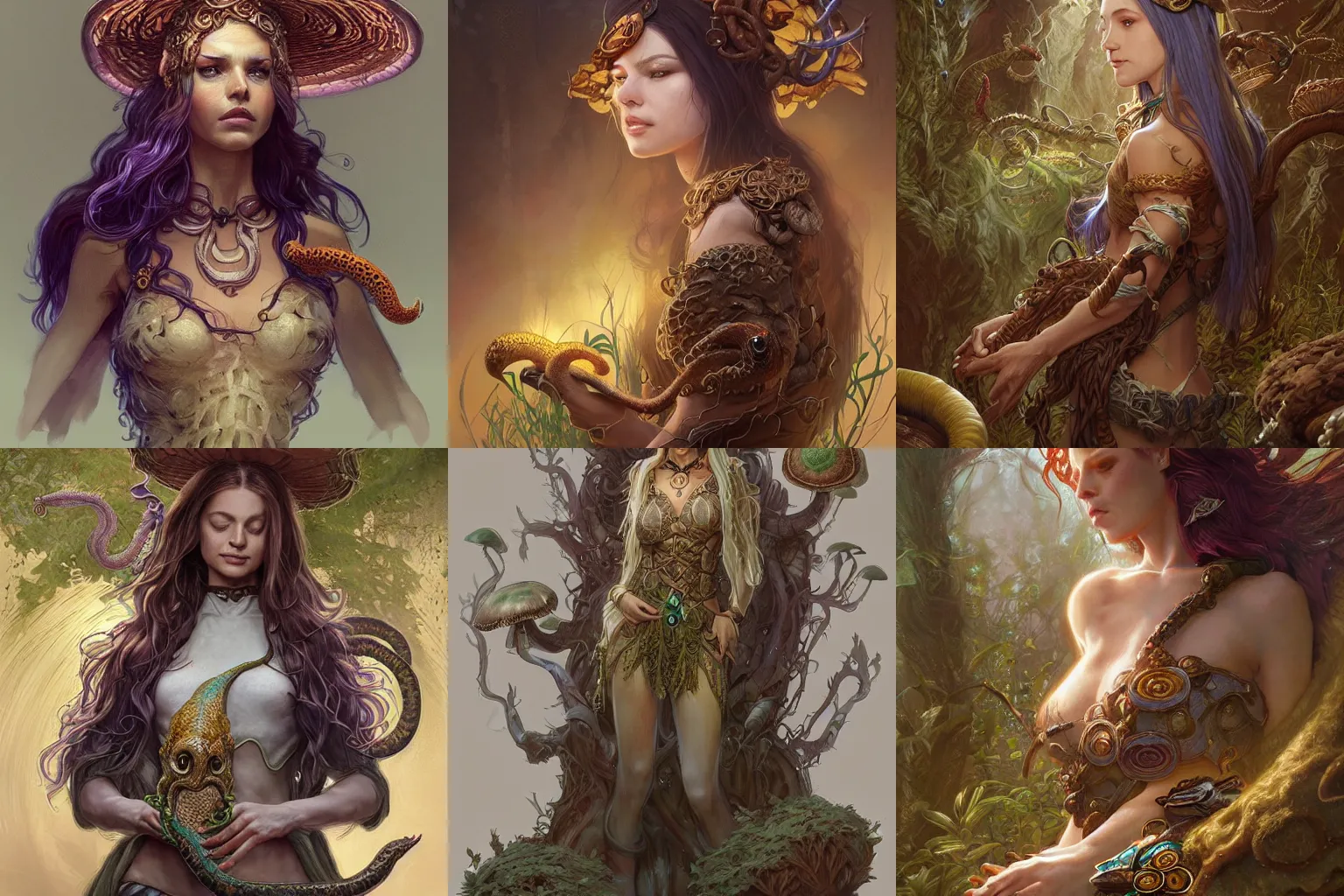 Prompt: a woman spore druid with mushroom themed clothing, fully clothed, pet snake, D&D, fantasy, intricate, cinematic lighting, highly detailed, digital painting, artstation, concept art, smooth, sharp focus, illustration, art by Artgerm and Greg Rutkowski and Alphonse Mucha