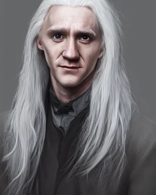 Image similar to portrait of 4 0 - year - old man with long white hair with a pale complexion, malfoy lucius, clear face, pointed face and grey eyes, hyper realistic face, beautiful eyes, character art, art by mark brooks, hyperdetailed, cryengine, trending on artstation, digital art